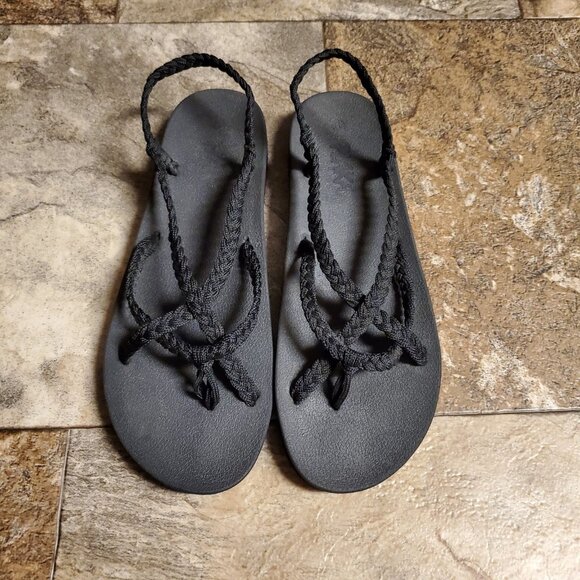 Plaka Lagoon Arch Support Strappy Braided Sandals Women's 11 Black EUC - Picture 1 of 6